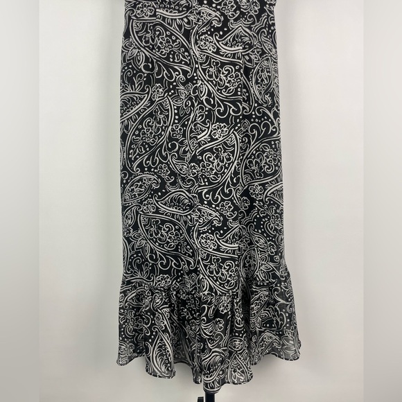 Calvin Klein Black White Chiffon Paisley Floral Hi Low Ruffle Faux Wrap Dress - Picture 11 of 11